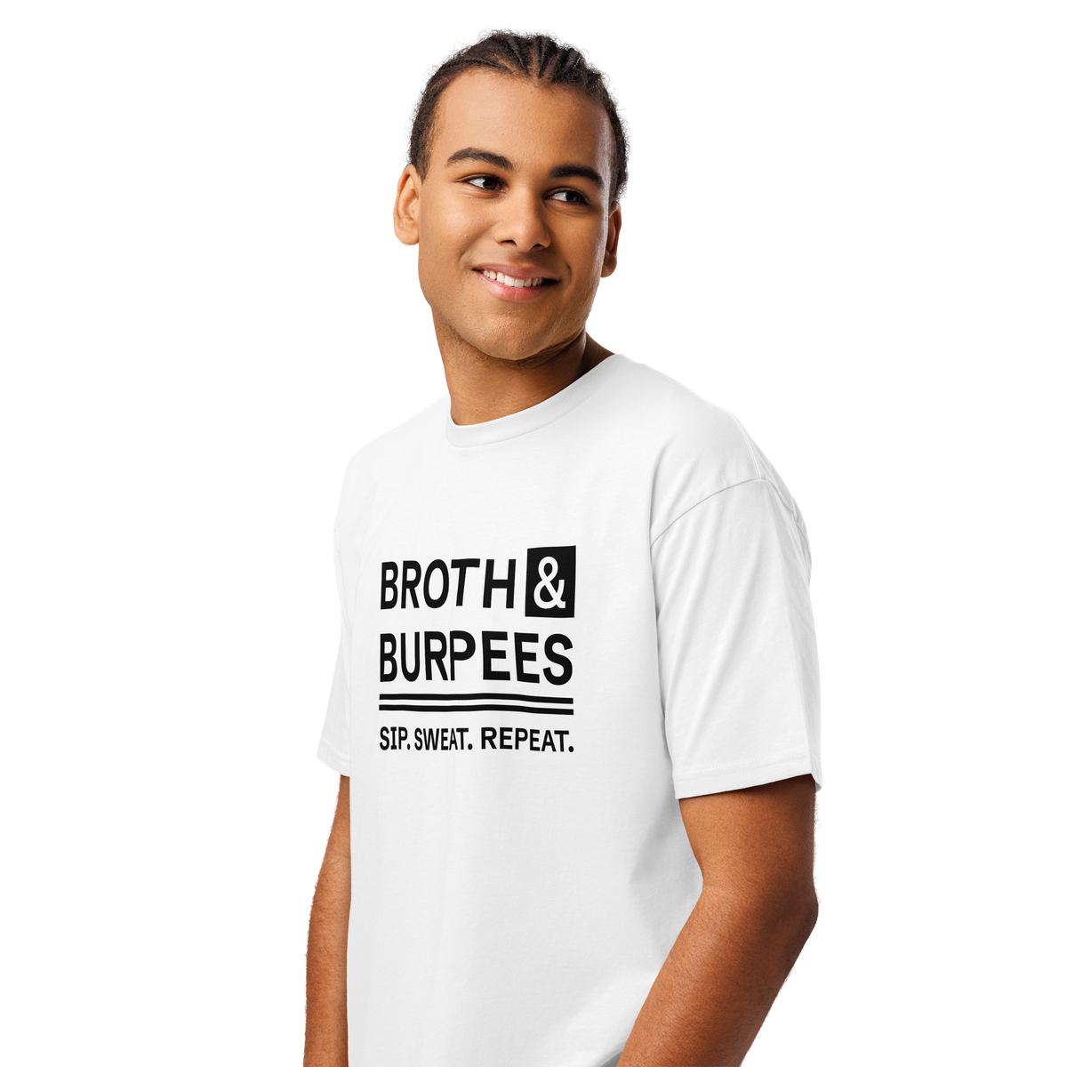 Broth & Burpees short sleeve tee in White, front view