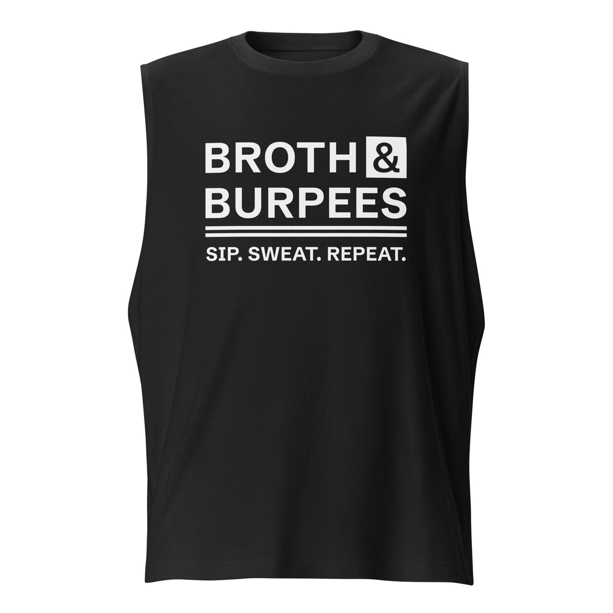 Broth & Burpees sleeveless tee in Black, front view 2