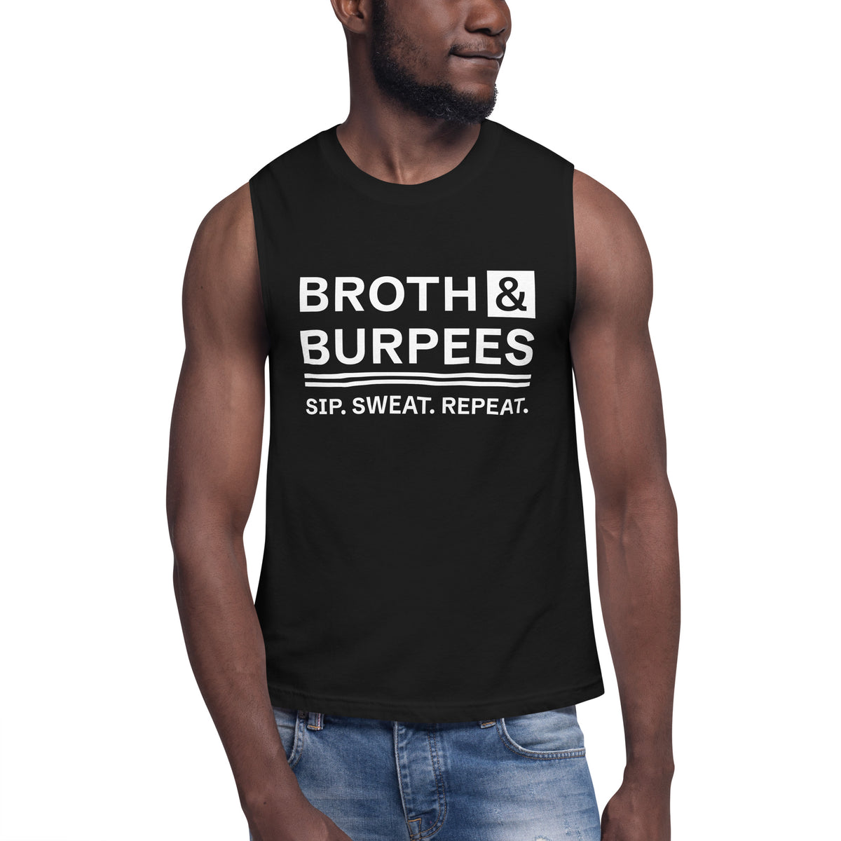Broth & Burpees sleeveless tee in Black, front view 3