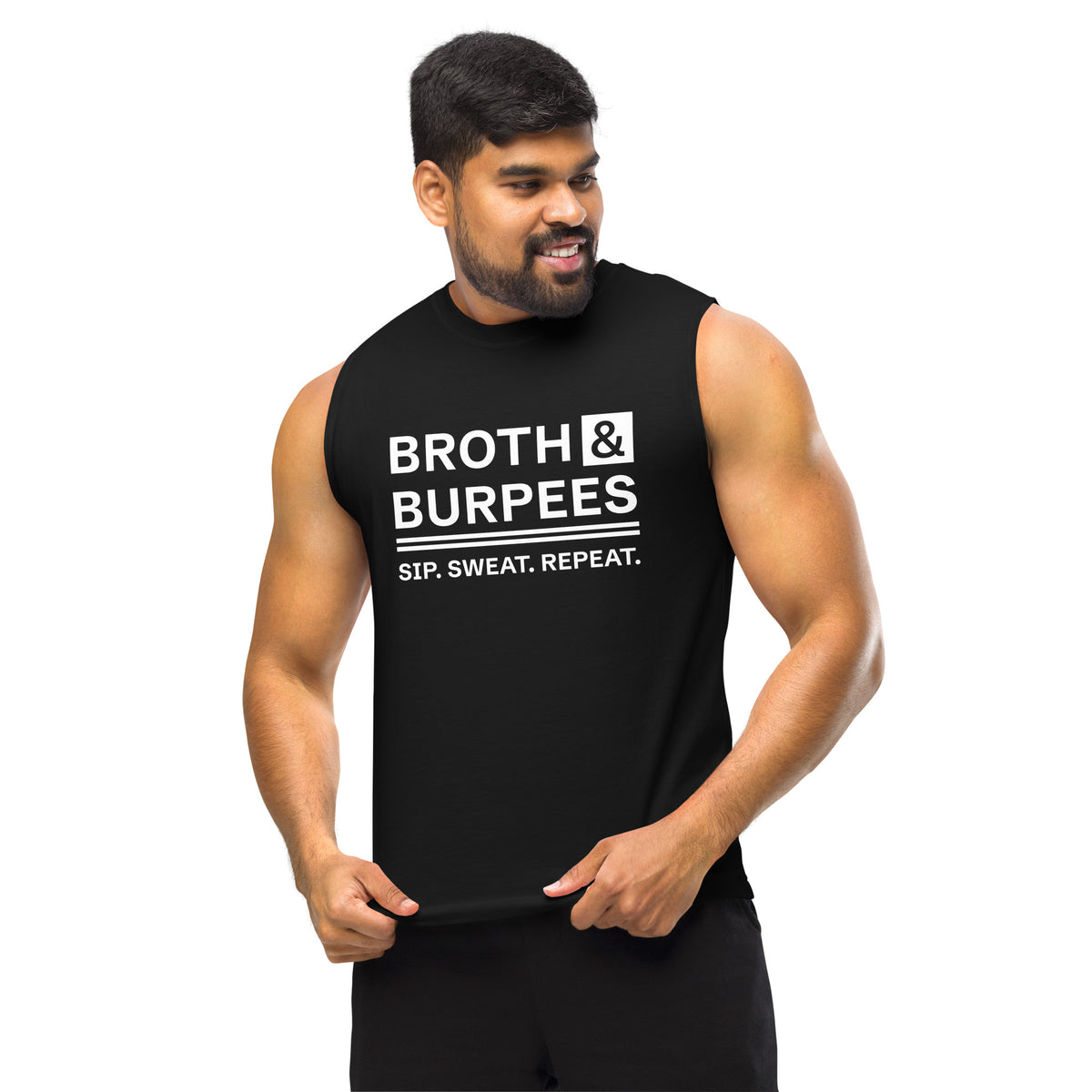 Broth & Burpees sleeveless tee in Black, front view