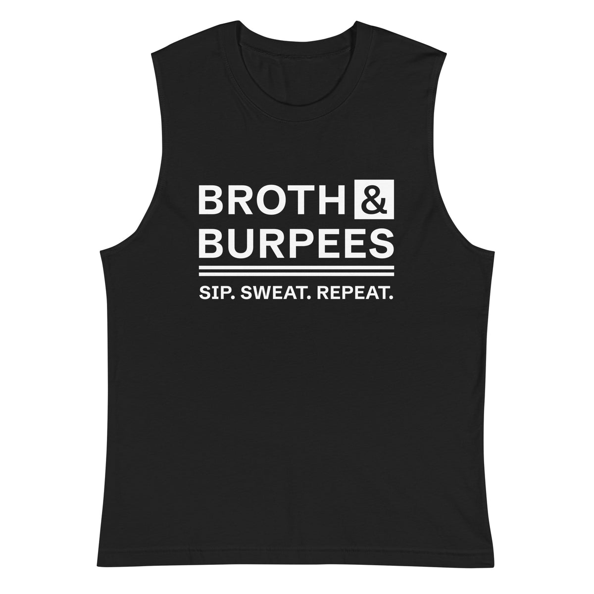 Broth & Burpees sleeveless tee in Black, front view 4