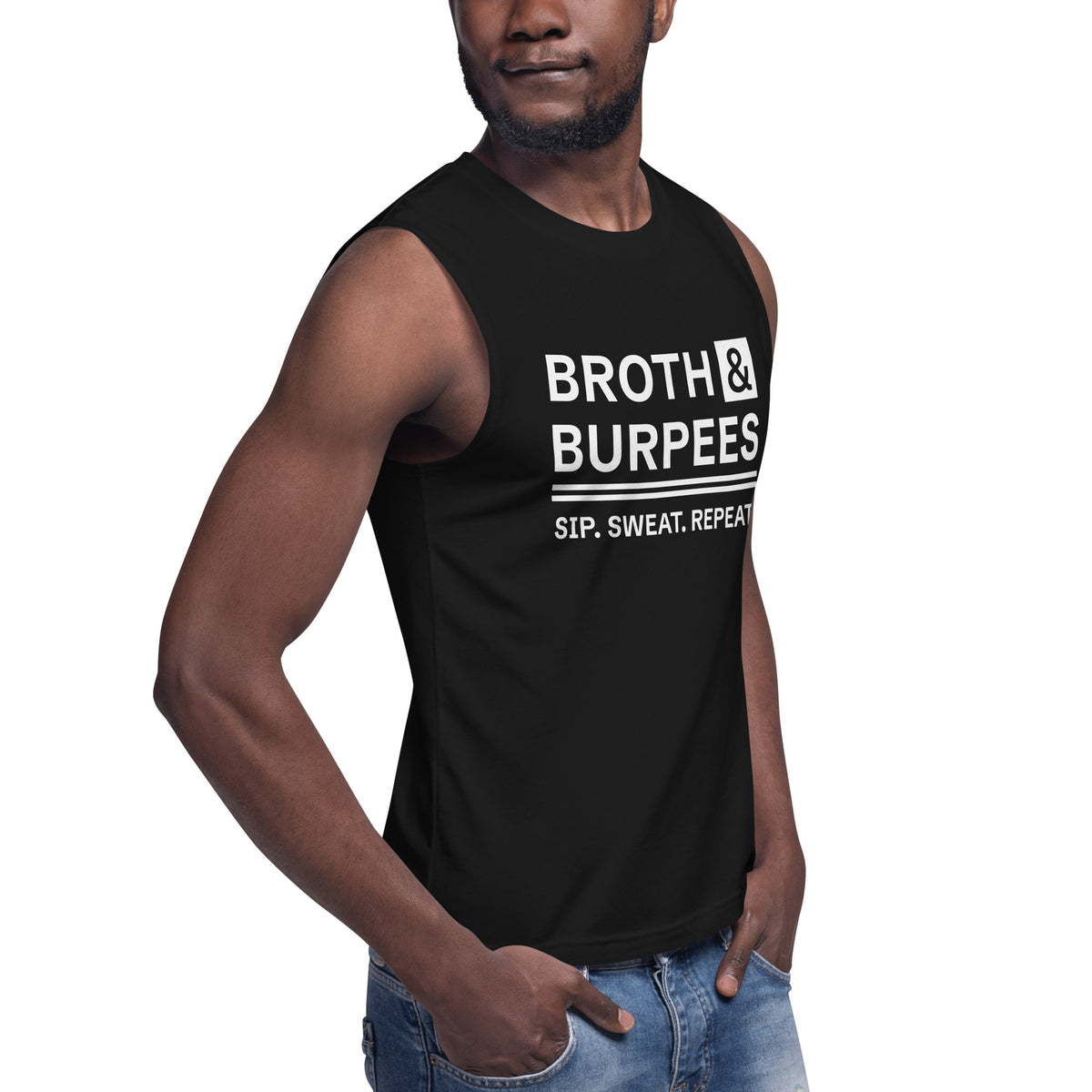 Broth & Burpees sleeveless tee in Black, right front view