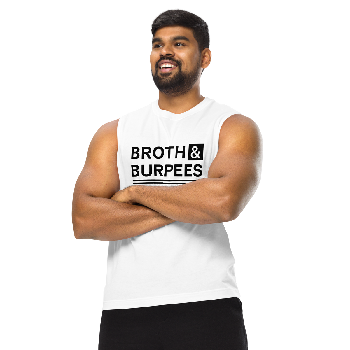 Broth & Burpees sleeveless tee in White, front view